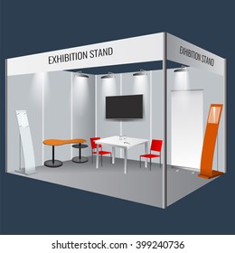 Illustrated Unique Creative Exhibition Stand Display Design With Table And Chair, Info Board, Roll Up. Booth Template. Corporate Identity. Display Mock-up.  Vector Mock-up