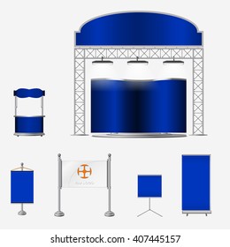 Illustrated unique creative exhibition stand display design with table and chair, info board, roll up. Booth template. Corporate identity. Display Mock-up. Vector Mock-up