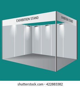 Illustrated unique creative exhibition stand display design. Booth template. Corporate identity. Vector Display Mock-up.  