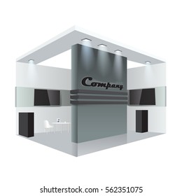 Illustrated unique creative exhibition stand display design info board, roll up. Empty trade booth template. Vector Display Mock-up and corporate identity