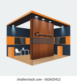 Illustrated unique creative wooden exhibition stand display design info board, roll up for a furniture company. Vector Display Mock-up and corporate identity