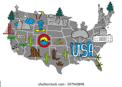 Illustrated USA map - hand drawn elements with symbols of tourist attractions. Creative design element for tourist banner, wall decoration, travel guide, print.