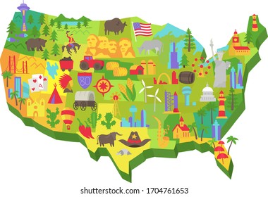 Illustrated USA tourist attraction on the map. United States of America. Set of icons. Showplace flat vector.