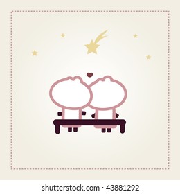 Illustrated valentines card with "Tiny Dude" couple watching stars