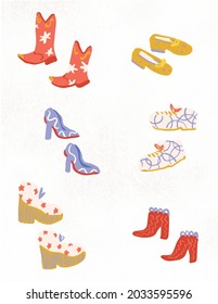 Illustrated variety of fashion shoes, stilettos, cowboy boots, heels, sneakers, wedges. Cute and graphic footwear spot illustrations.
