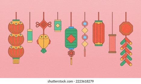 Illustrated various Chinese new year lanterns and ornaments isolated on pink background.