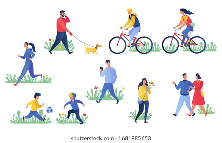 Illustrated various people exercising outdoors series with copy space.