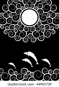 illustrated vector background with fishes jumping over the waves