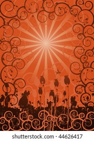 illustrated vector background with poppy field and ornaments