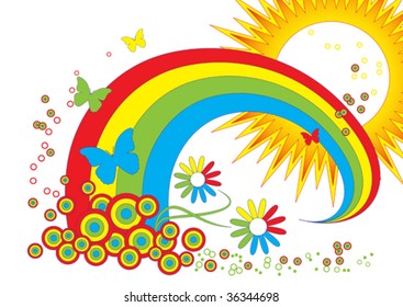 illustrated vector background with rainbow,sun,butterflies and flowers