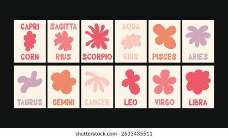Illustrated vector calendar featuring all zodiac signs in minimal floral naive composition with Matisse-style cutouts, botanical frames and bold collage-like layouts