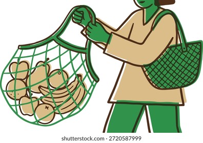Un Vector ilustrado muestra a una persona que realiza compras ecológicas sin desperdicios, llevando una bolsa de cuerdas reutilizable llena de frutas frescas y saludables.