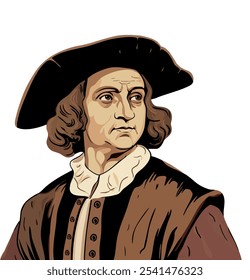 Illustrated Vector Drawing of Christopher Columbus. Italian explorer who sailed across the Atlantic in 1492, reaching the Americas, forever altering the course of history.