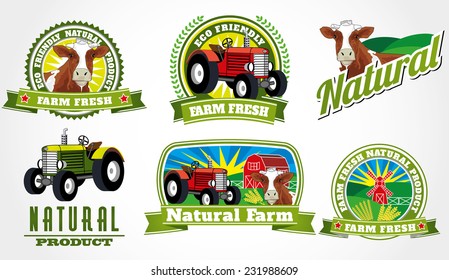 Illustrated vector eco bio farm fresh labels with detailed cow and tractor