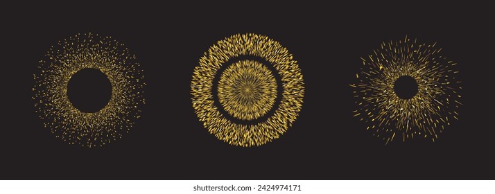 Illustrated in vector format, grunge golden particles form circular motion sparkles in round shape.