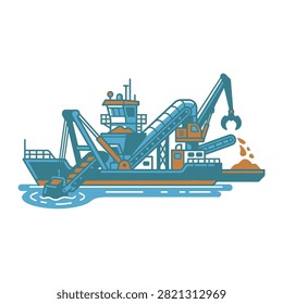 An illustrated vector graphic of a dredging vessel working at sea, excavating sediment and materials with industrial machinery, suitable for marine engineering.