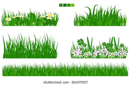 Illustrated Vector Green Grass With Flower And Leaf Set With Solid Flat Color. Long And Short Grass Collection