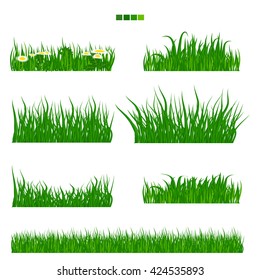 Illustrated Vector Green Grass With Flower And Leaf Set With Solid Flat Color. Long And Short Grass Collection