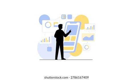 Illustrated vector image of a business person pointing at a smartphone displaying analytics charts, graphs, and data visualizations in a modern workspace setting.