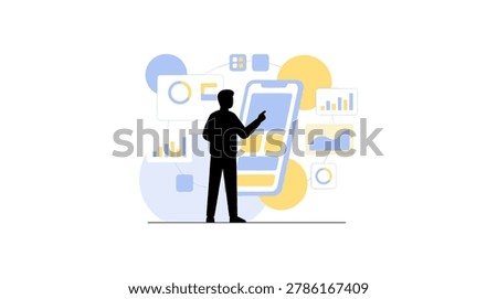 Illustrated vector image of a business person pointing at a smartphone displaying analytics charts, graphs, and data visualizations in a modern workspace setting.