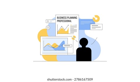 Illustrated vector image of a business professional reviewing graphs and charts on a computer screen, representing strategic planning and data analysis. Bright and modern design with abstract shapes and a focus on business growth and analytics.