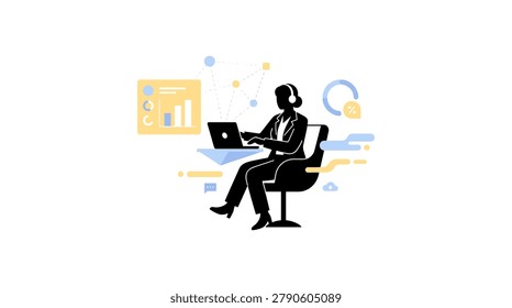 Illustrated vector image of a business professional sitting at a desk, using a laptop and wearing headphones while working in a modern office setting.