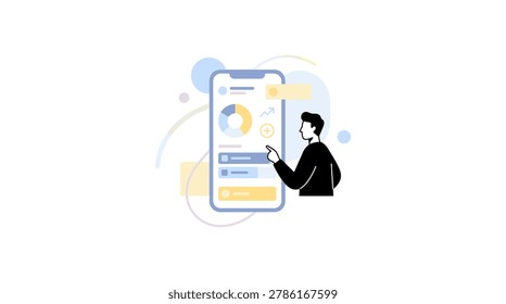 Illustrated vector image of a professional man interacting with a smartphone displaying a data analytics dashboard, charts, and notifications.