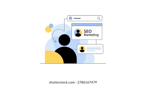 Illustrated vector image showing a person engaging with SEO marketing search results on a computer, highlighting digital marketing and online research.