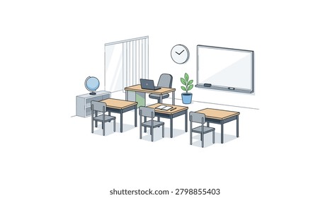 Illustrated vector image of a well-organized classroom featuring student desks, chairs, a teacher desk with laptop, globe, clock, potted plant, and large screen for presentations. Perfect for educational and school-related content.