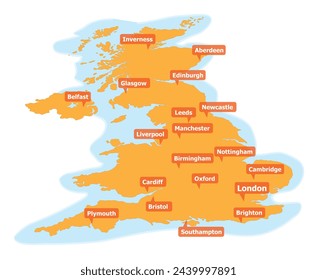 Illustrated vector map of United Kingdom with major cities, created in perspective view 