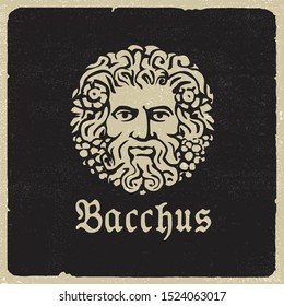 An illustrated vector portrait of the Roman God Bacchus on a black background in vintage style