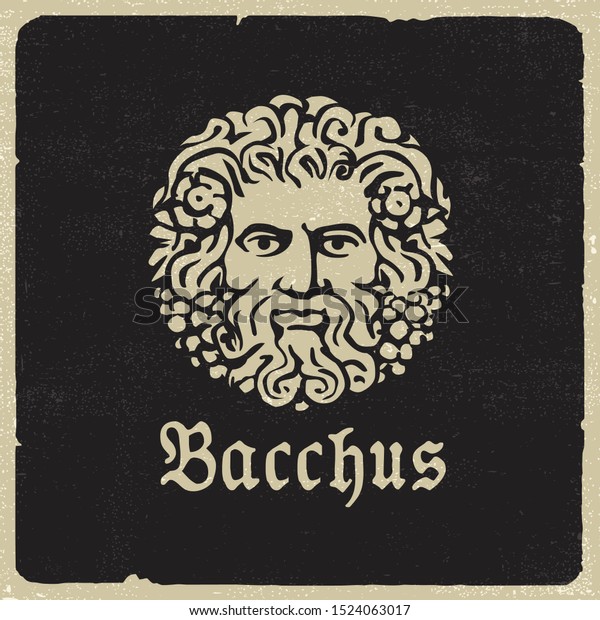 An illustrated vector portrait of the Roman God Bacchus on a black background in vintage style
