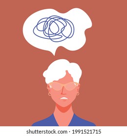 Illustrated vector portrait of a sad elderly Caucasian woman with messy thoughts. concept mental problems stress and psychology.