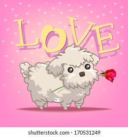 Illustrated vector present the pet dog want to give rose in mouth to gift for love. / Dog in love . / -