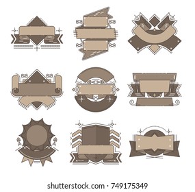 Illustrated vector ribbon design collection, light brown color with bold outlines