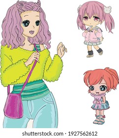 Illustrated  vector set with anime-style characters for toppers, stickers, T-shirts.