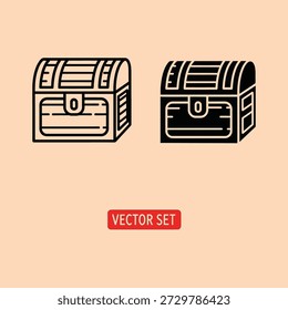 Conjunto de Vector ilustrado de dos cofres del tesoro de madera vintage con diseños ornamentados y cerraduras de metal sobre un fondo beige