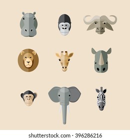 Illustrated vector wild africa mammals heads set isolated