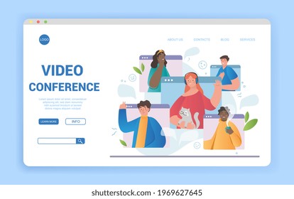 Illustrated video conference theme. Diverse multiethnic team in online call. Flat cartoon vector illustration. Website, web page, landing page template