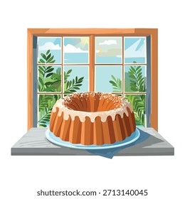 Una vista ilustrada de un pastel Bundt decorado en un plato colocado en un alféizar de la ventana. La escena incluye una ventana con una vista de vegetación y luz solar.
