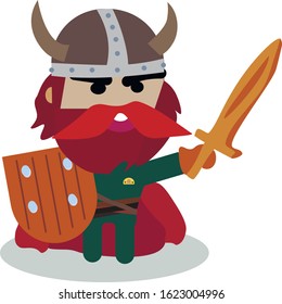an illustrated Viking character with a shield and sword
