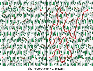 Illustrated village maze with a solution