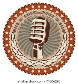 Illustrated vintage badge with old microphone. Vector illustration.