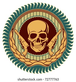 Emblema vintage ilustrado com crânio. Ilustração vetorial.
