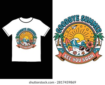 Illustrated vintage summer goodbye design featuring waves palm trees sun and see you soon banner