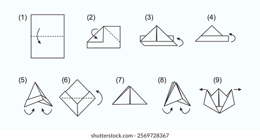 Illustrated visual tutorial detailing each step of folding a paper into an origami piece. Perfect for crafting and origami enthusiasts seeking fun DIY activities using paper folding techniques.