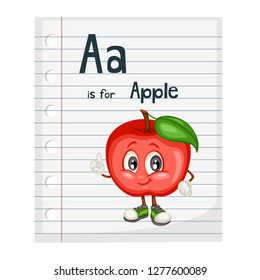 Illustrated Vocabulary Card with Letter A and Apple. Cartoon Paper Page. Ready for Print Paper. Vector Fruits and Veggies Alphabet. Educational Cards