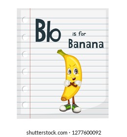 Illustrated Vocabulary Card with Letter B and Banana. Cartoon Paper Page. Ready for Print Paper. Vector Fruits and Veggies Alphabet. Educational Cards