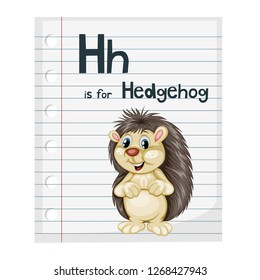 Illustrated Vocabulary Card with Letter H and Hedgehog. Cartoon Paper Page. Ready for Print Paper. Vector Animal Alphabet