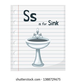  Illustrated Vocabulary Card with Letter S and Sink. Cartoon Paper Page. Ready for Print Paper. Vector Object Alphabet Flashcard